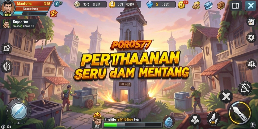 Screenshot utama POROS77 menunjukkan gameplay Tower Defense yang intens dan strategis.