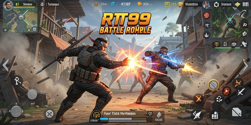 Screenshot gameplay RT99 menunjukkan aksi intens dalam pertempuran Battle Royale.