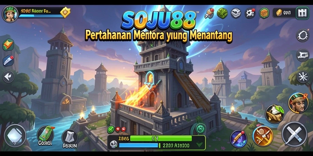 Tampilan gameplay menarik di <strong>SOJU88</strong> dengan menara dan musuh yang beragam.